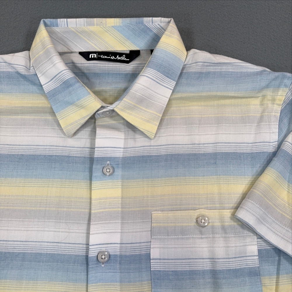 Travis Mathew Mens Medium Blue Yellow Striped Short Sleeve Button Down Shirt